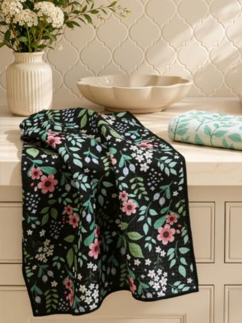 Waffle Kitchen‎ Tea Towels-2 Pack, 16" x 28", Greenery & Bloom | Flowers Leaf